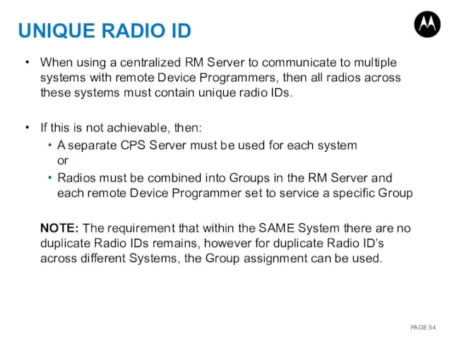 UNIQUE RADIO ID When using a centralized RM Server to communicate