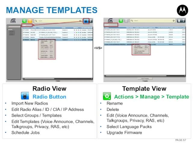 MANAGE TEMPLATES Radio View Radio Button Import New Radios Edit Radio