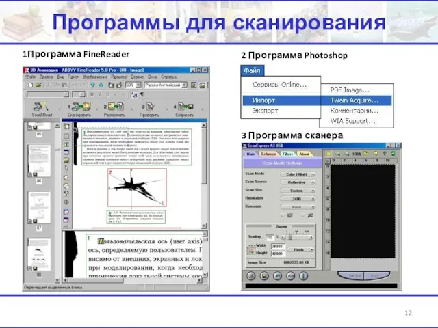 Программы для сканирования 1Программа FineReader 3 Программа сканера 2 Программа Photoshop