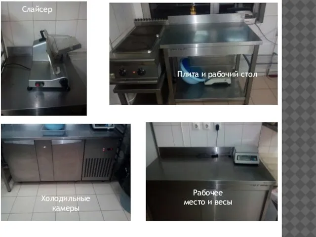 Слайсер Плита и рабочий стол Холодильные камеры Рабочее место и весы