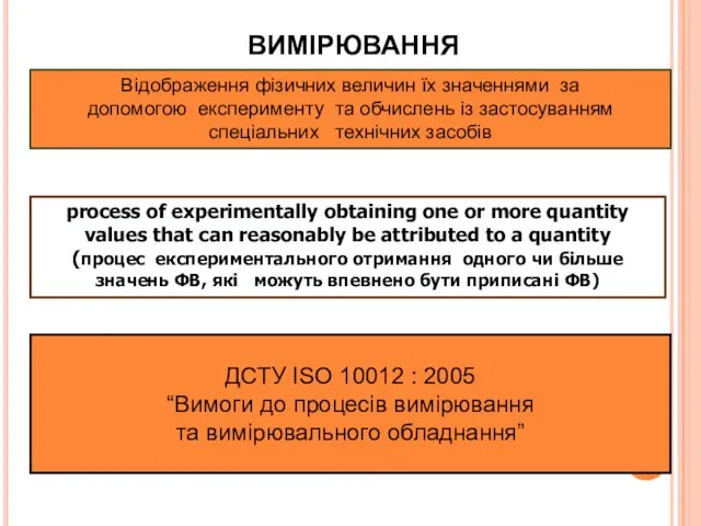 ВИМІРЮВАННЯ ДСТУ ISO 10012 : 2005 “Вимоги до процесів вимірювання та
