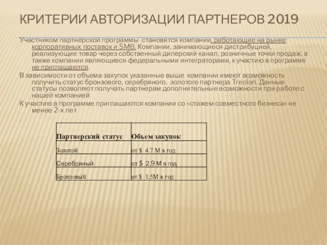 КРИТЕРИИ АВТОРИЗАЦИИ ПАРТНЕРОВ 2019 Участником партнерской программы становятся компании, работающие на