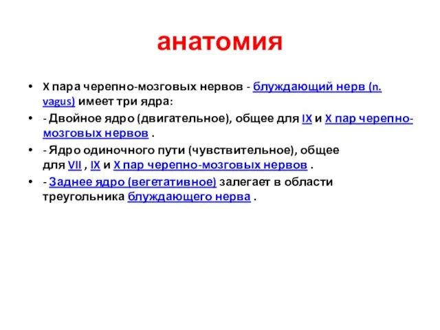 анатомия X пара черепно-мозговых нервов - блуждающий нерв (n. vagus) имеет