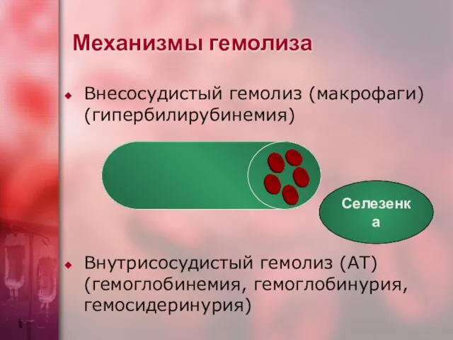 Механизмы гемолиза Внесосудистый гемолиз (макрофаги) (гипербилирубинемия) Внутрисосудистый гемолиз (АТ) (гемоглобинемия, гемоглобинурия, гемосидеринурия) Селезенка