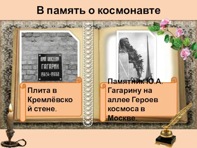 В память о космонавте Плита в Кремлёвской стене. Памятник Ю.А. Гагарину