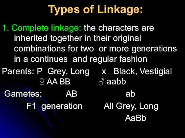 Types of Linkage: 1. Complete linkage: the characters are inherited together