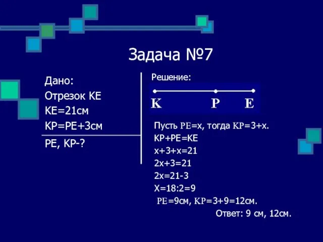 Задача №7 Решение: Пусть PE=x, тогда KP=3+x. KP+PE=KE x+3+x=21 2x+3=21 2x=21-3