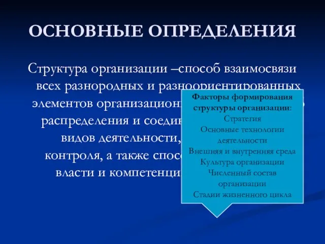 ОСНОВНЫЕ ОПРЕДЕЛЕНИЯ Структура организации –способ взаимосвязи всех разнородных и разноориентированных элементов