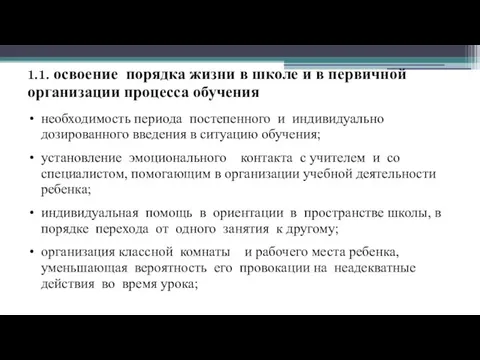 1.1. освоение порядка жизни в школе и в первичной организации процесса