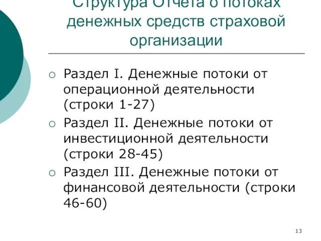 Структура Отчета о потоках денежных средств страховой организации Раздел I. Денежные