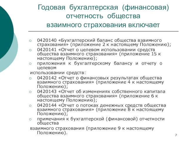 Годовая бухгалтерская (финансовая) отчетность общества взаимного страхования включает 0420140 «Бухгалтерский баланс