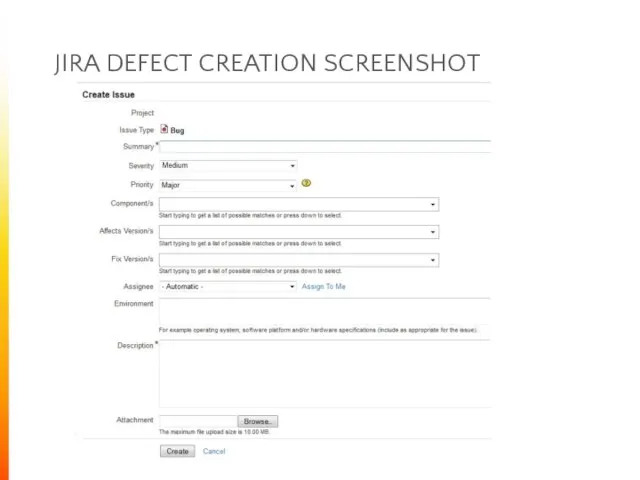 JIRA DEFECT CREATION SCREENSHOT