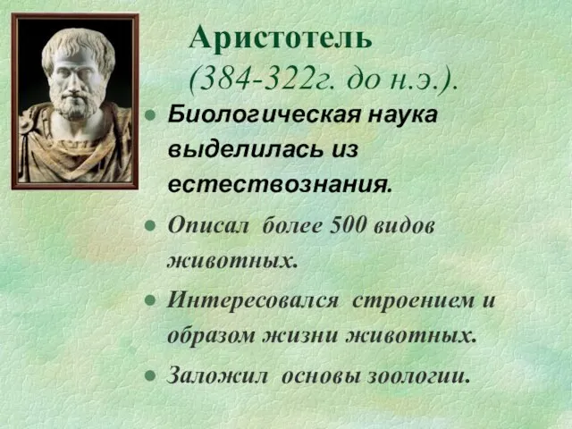 Аристотель (384-322г. до н.э.). Биологическая наука выделилась из естествознания. Описал более