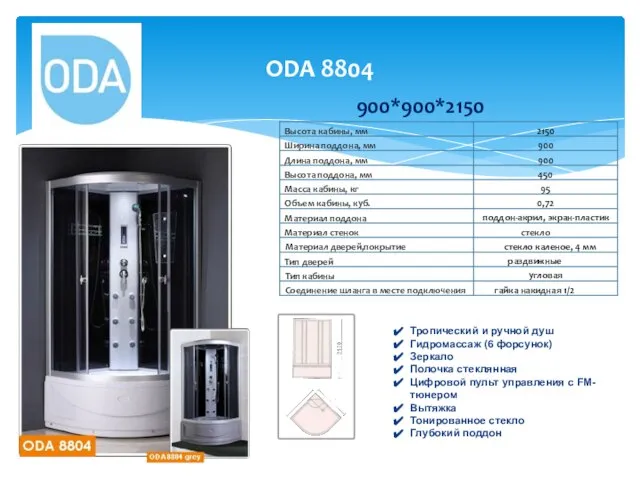 ODA 8804 900*900*2150 Тропический и ручной душ Гидромассаж (6 форсунок) Зеркало