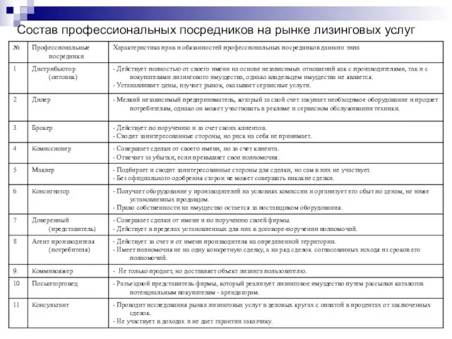 Состав профессиональных посредников на рынке лизинговых услуг