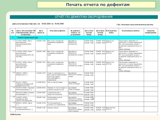 Печать отчета по дефектам