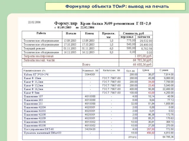 Формуляр объекта ТОиР: вывод на печать