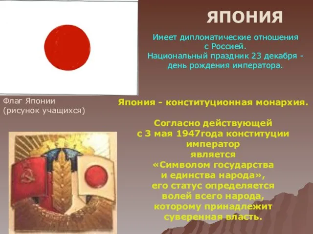 ЯПОНИЯ Флаг Японии (рисунок учащихся) Имеет дипломатические отношения с Россией. Национальный
