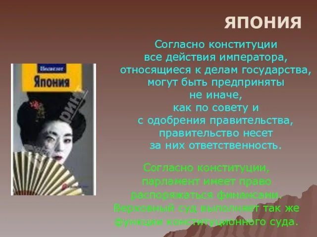 ЯПОНИЯ Согласно конституции все действия императора, относящиеся к делам государства, могут