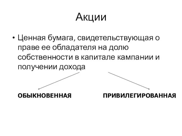 Акции Ценная бумага, свидетельствующая о праве ее обладателя на долю собственности