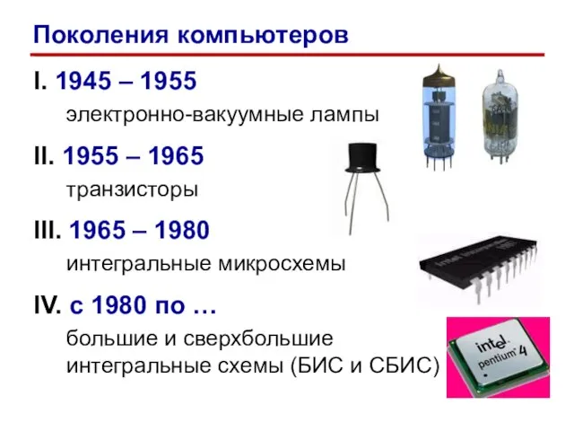 I. 1945 – 1955 электронно-вакуумные лампы II. 1955 – 1965 транзисторы