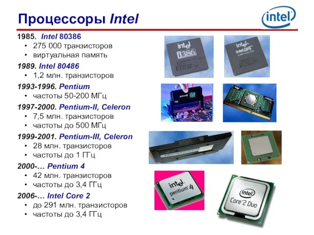 1985. Intel 80386 275 000 транзисторов виртуальная память 1989. Intel 80486