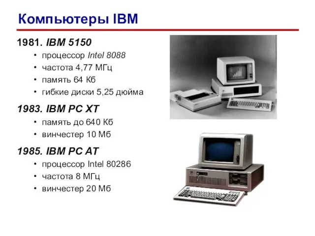 1981. IBM 5150 процессор Intel 8088 частота 4,77 МГц память 64