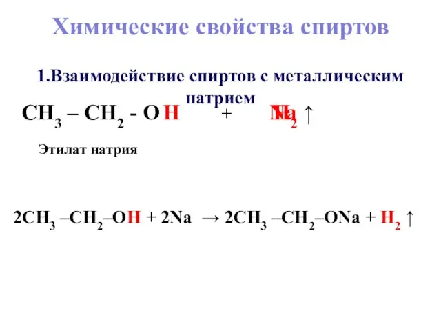 CH3 – CH2 - O H Na H2 ↑ 1.Взаимодействие спиртов