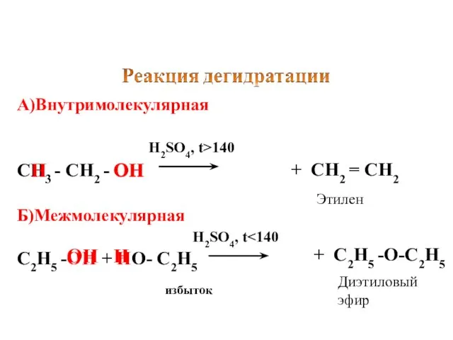 А)Внутримолекулярная H2SO4, t>140 СН3 - СН2 - ОН ОН Б)Межмолекулярная H2SO4,