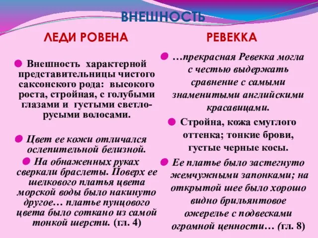 ВНЕШНОСТЬ ЛЕДИ РОВЕНА РЕВЕККА Внешность характерной представительницы чистого саксонского рода: высокого