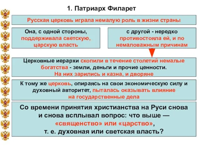 1. Патриарх Филарет Русская церковь играла немалую роль в жизни страны