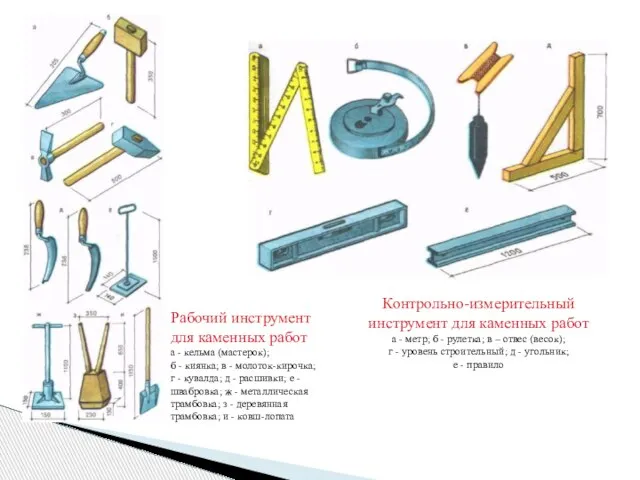 Рабочий инструмент для каменных работ а - кельма (мастерок); б -