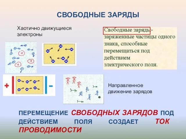 Хаотично движущиеся электроны Направленное движение зарядов СВОБОДНЫЕ ЗАРЯДЫ ПЕРЕМЕЩЕНИЕ СВОБОДНЫХ ЗАРЯДОВ