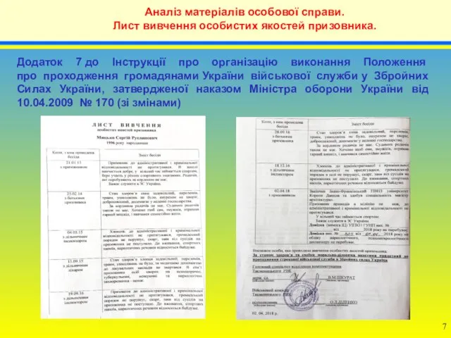 Аналіз матеріалів особової справи. Лист вивчення особистих якостей призовника. Додаток 7