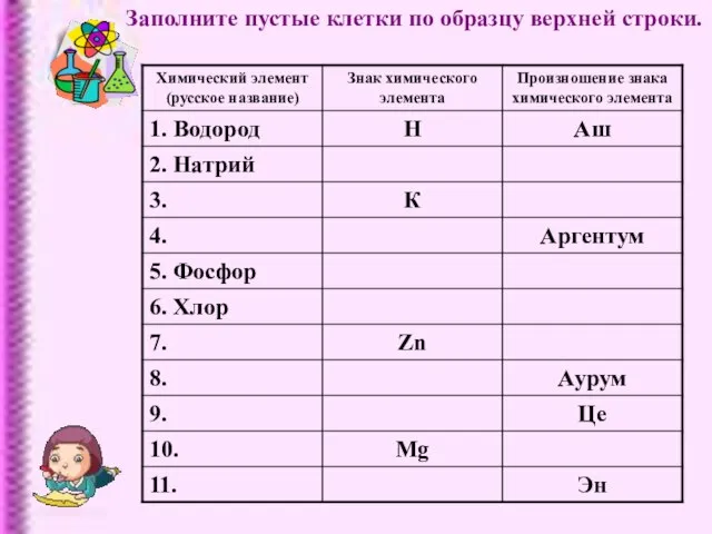 Заполните пустые клетки по образцу верхней строки.