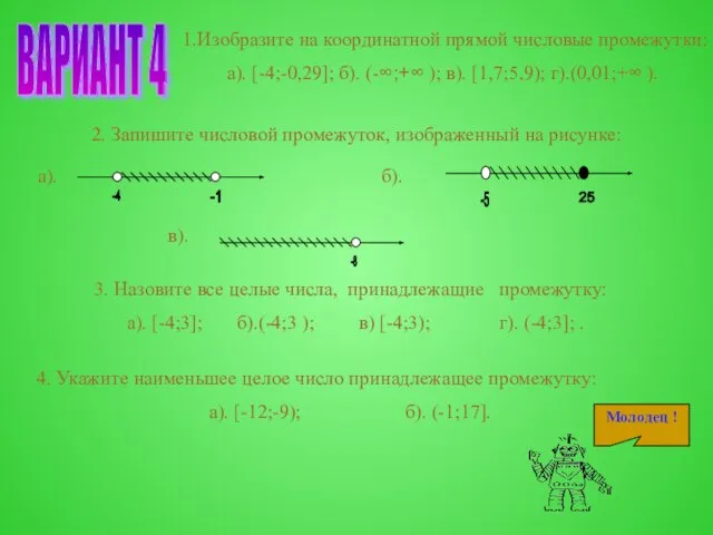 ВАРИАНТ 4 1.Изобразите на координатной прямой числовые промежутки: а). [-4;-0,29]; б).