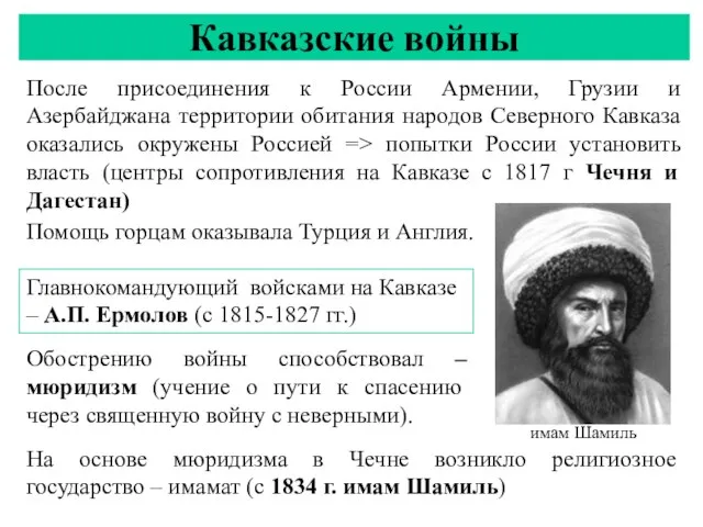 Кавказские войны После присоединения к России Армении, Грузии и Азербайджана территории