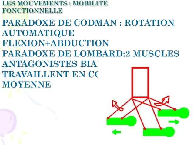 PARADOXE DE CODMAN : ROTATION AUTOMATIQUE FLEXION+ABDUCTION PARADOXE DE LOMBARD:2 MUSCLES