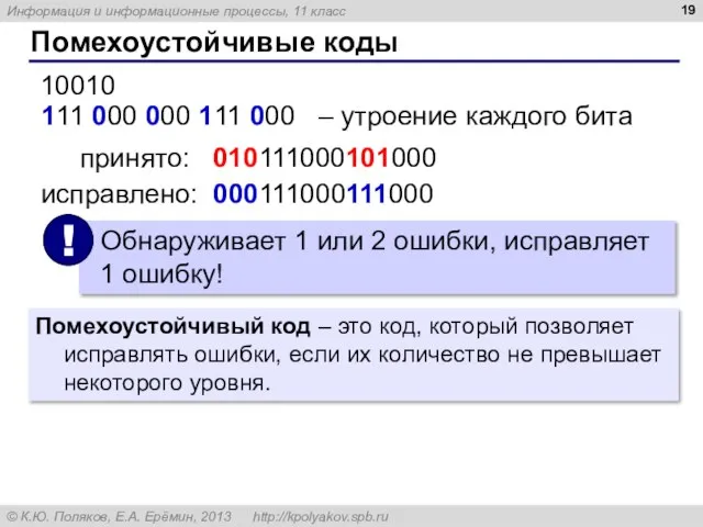 Помехоустойчивые коды 111 000 000 111 000 – утроение каждого бита