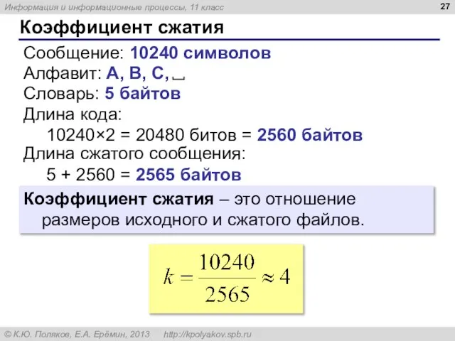 Коэффициент сжатия Сообщение: 10240 символов Словарь: 5 байтов Длина кода: 10240×2