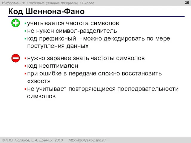 Код Шеннона-Фано учитывается частота символов не нужен символ-разделитель код префиксный –