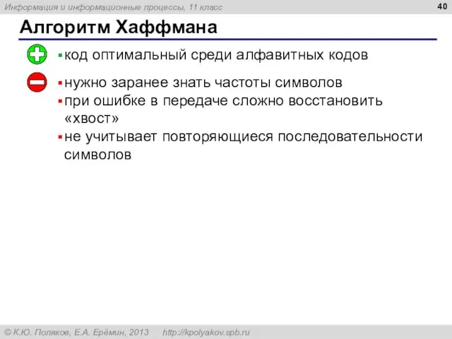 Алгоритм Хаффмана код оптимальный среди алфавитных кодов нужно заранее знать частоты