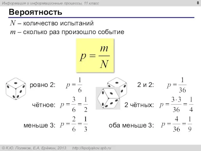 Вероятность N – количество испытаний m – сколько раз произошло событие