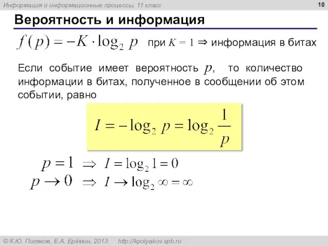 Вероятность и информация при K = 1 ⇒ информация в битах