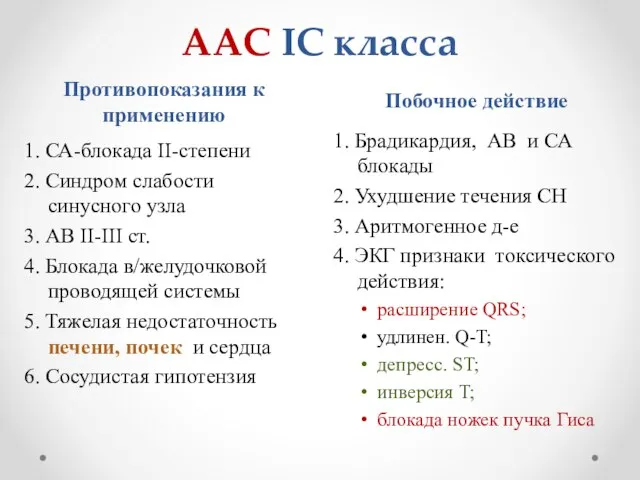 ААС IС класса Противопоказания к применению Побочное действие 1. СА-блокада ІІ-степени