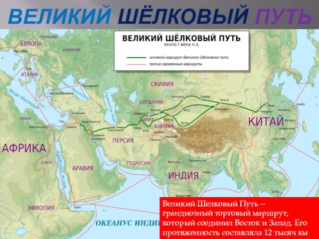 ВЕЛИКИЙ ШЁЛКОВЫЙ ПУТЬ Великий Шелковый Путь -- грандиозный торговый маршрут, который