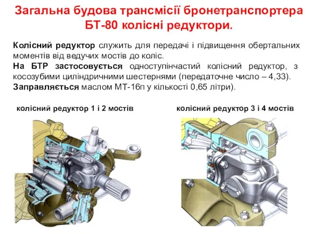 Загальна будова трансмісії бронетранспортера БТ-80 колісні редуктори. колісний редуктор 1 і