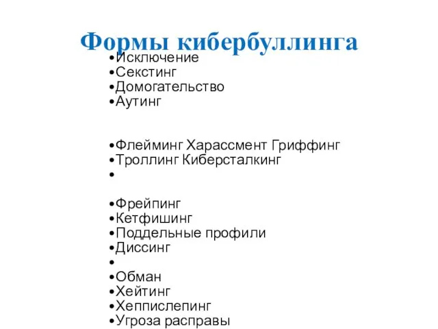 Формы кибербуллинга Исключение Секстинг Домогательство Аутинг Флейминг Харассмент Гриффинг Троллинг Киберсталкинг