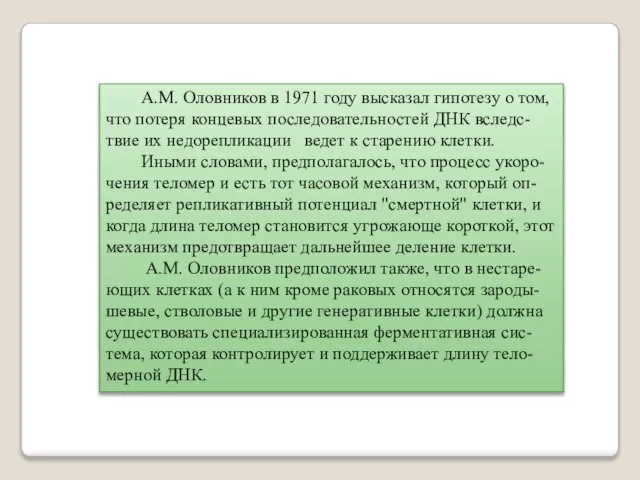 А.М. Оловников в 1971 году высказал гипотезу о том, что потеря