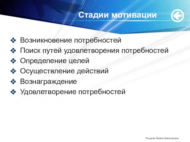 Стадии мотивации Возникновение потребностей Поиск путей удовлетворения потребностей Определение целей Осуществление